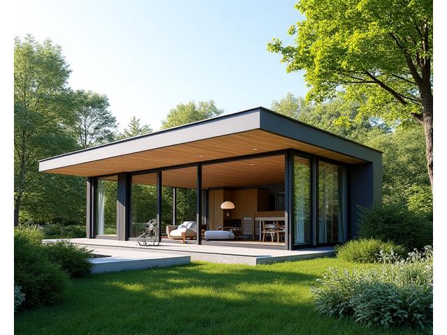 Moderne sommerhus med store vinduer og udsigt til naturen